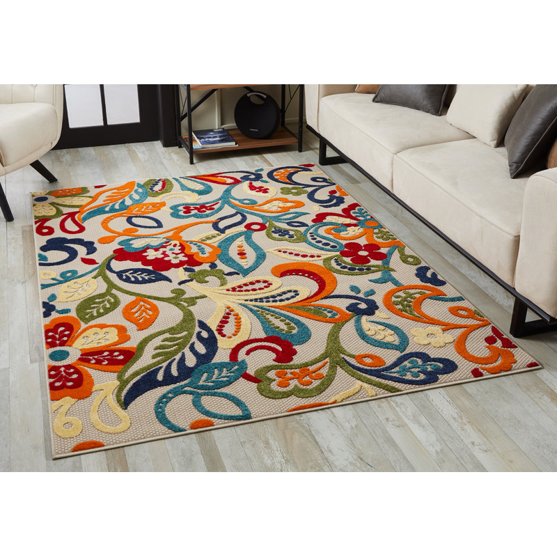 Tapis d'intérieur / extérieur Gahanna, Rectangle 2 pi 2 po x 4 pi, Ivoire / multicolore
