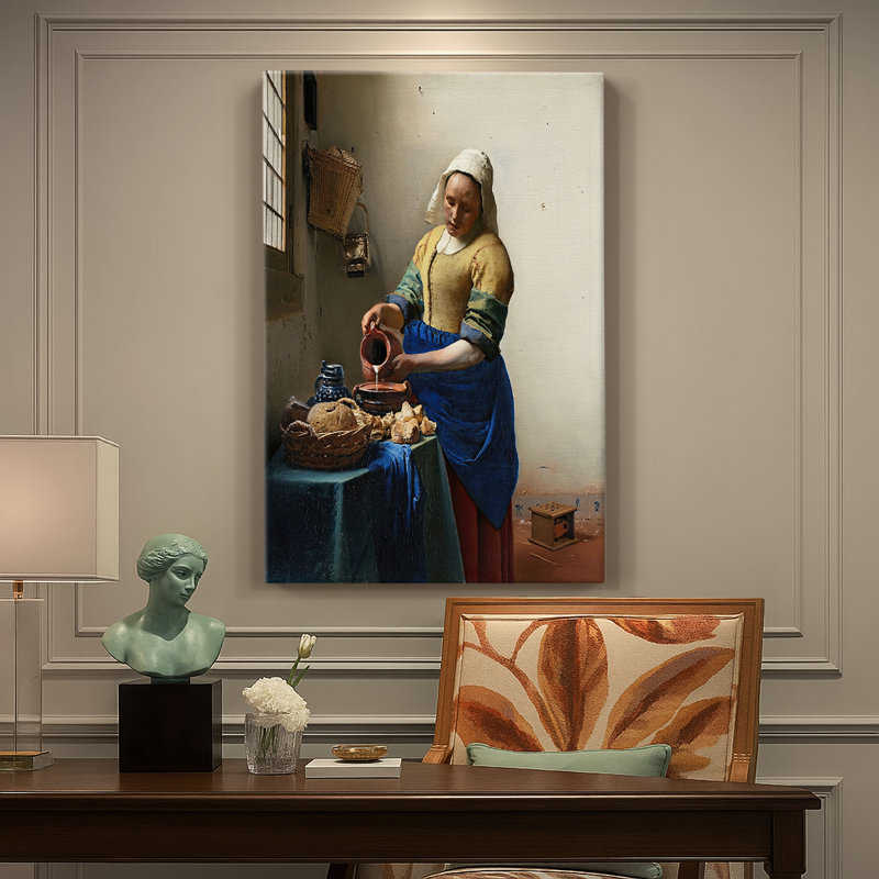 «The Milkmaid» - Toile tendue sur châssis par Johannes Vermeer, 24 po x 36 po