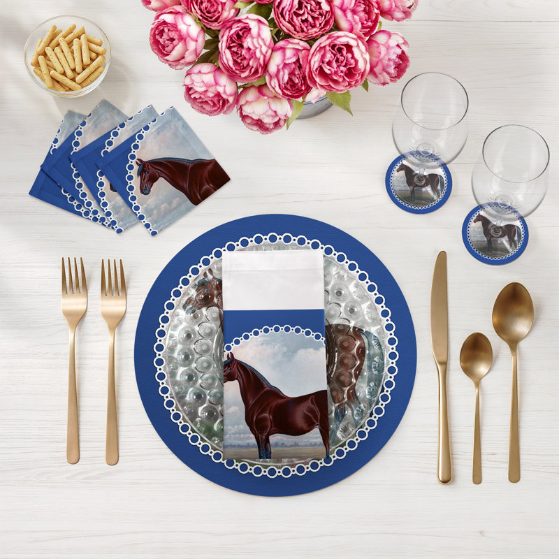 English Thoroghbred Vegan Leather Round Pebble Placemat, Blue