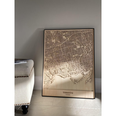 Toronto City, carte 3D, art mural en bois dans un cadre en métal - grand 23,5 po x 31,5 po