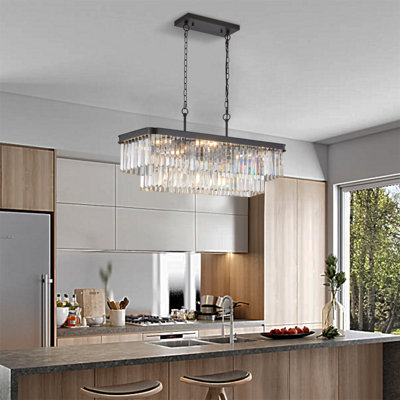 Lustres, lustre en cristal rectangulaire réglable, lumières en cristal industrielles modernes E12, plafonnier en fer de style campagnard pour cuisine, salon, chambre à coucher / noir