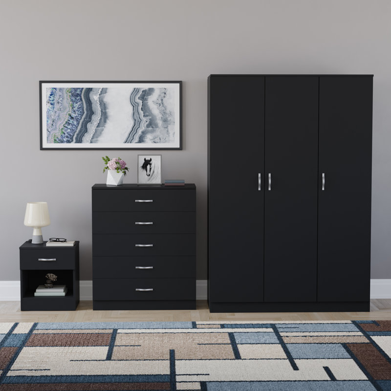 Maybery 3 Piece Bedroom Set (1 Drawer Bedside Chest, 5 Drawer Chest, 3 Door Wardrobe), (5), Black