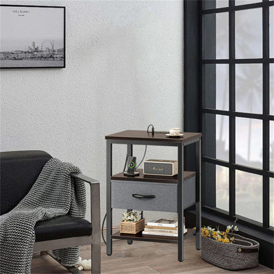 Multi-Functional Bedside Table With Charging Station & Adjustable Fabric Drawer