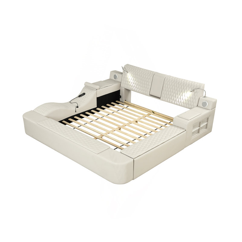 Grand lit multifonctionnel intelligent fabriqué en bois, Beige