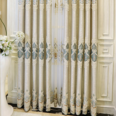  2pcs European High-end Embroidery Curtain Light Gray Light-blocking Living Room Bedroom Floor-to-ceiling Window Punched Finished Curtain