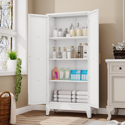 Armoire de rangement pour garde-manger en métal de 61 po de hauteur, armoire autoportante avec 2 portes et 3 tablettes réglables, rangement debout pour la cuisine, la salle de bain, le garage, la salle à manger ou la buanderie (blanc)