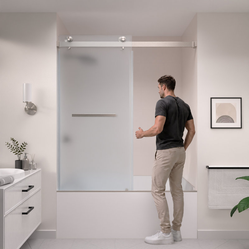 Porte de douche/baignoire coulissante double sans cadre CatalystAE 56" - 60" L x 66" H avec verre dépoli, Chrome poli