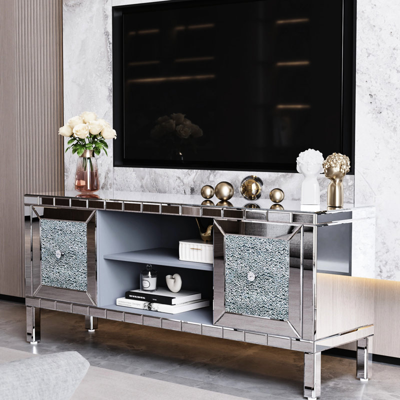 Table de 60 po pour téléviseur à miroir moderne de 60 po, 65 po convenable, portes en forme de diamant, support de solution de rangement fonctionnel, téléviseur en verre, rangement personnalisable, bordures de peau