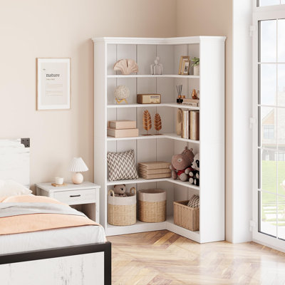 72.8" L-Shaped Corner Bookshelf, Farmhouse 5-Tier Tall Wood Bookcase, Rustic Storage & Display Rack, Full Panel