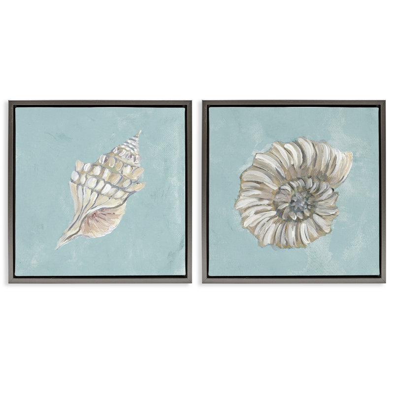 Nautilus and Conch Seashells, ensemble de 2 toiles flottantes encadrées par Julie Derice, Cadre flottant gris lustré