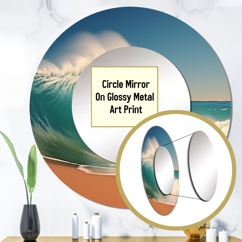 Turquoise puissance d'Ocean Wave II - grand miroir côtier, décor de miroir mural rond unique turquoise, impression d'art en métal
