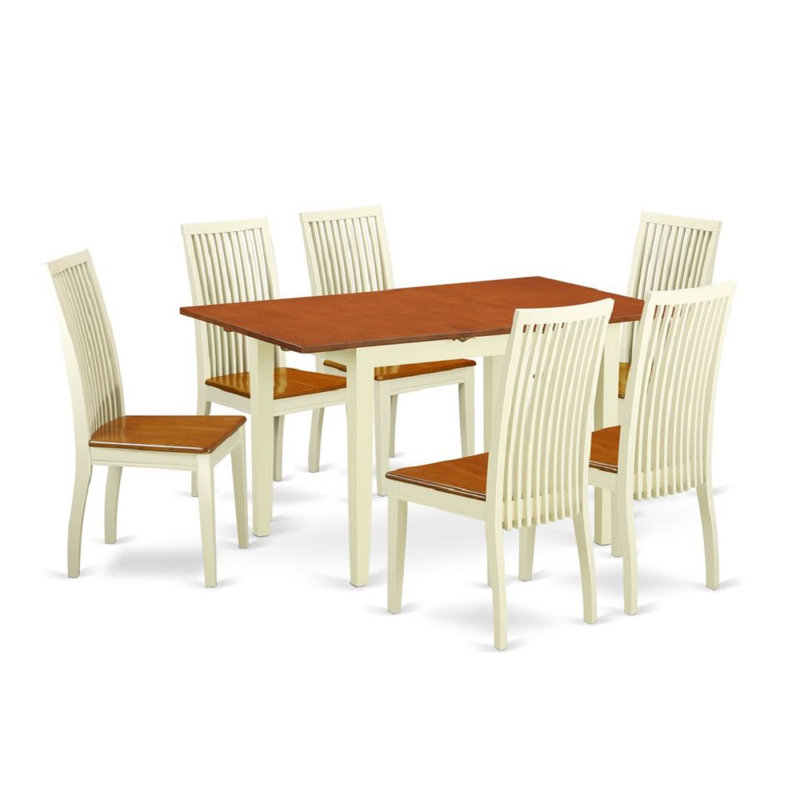 7 Piece Dining Set Consist of a Rectangle Dining Table with Butterfly Leaf and 6 Kitchen Chairs, 32x54 Inch, Buttermilk & Cherry