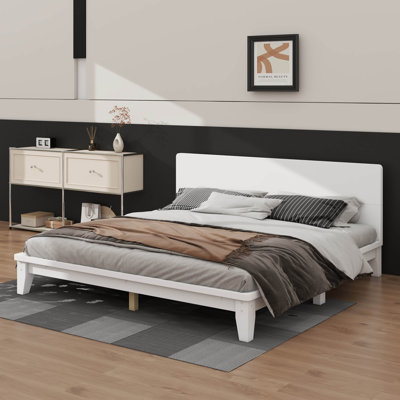 Structure de lit plateforme en bois avec tête de lit, structure de lit robuste et moderne avec support en lattes de bois