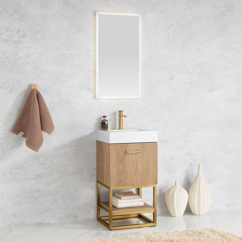 Alistair 17.7" Single Bathroom Vanity Set with Mirror, Doré, Chêne naturel, Blanc