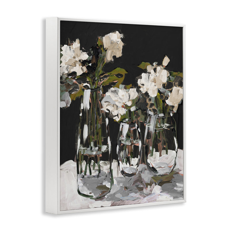 Trois vases de fleurs sur giclée noire encadrée, design par Jane Slivka, H 14 po x l 11 po, Giclée encadrée blanc bord de mer