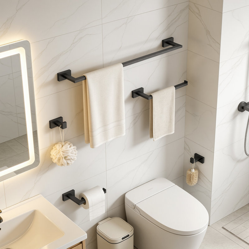 Black 5-Piece Wall Mounted Bathroom Hardware Set, Rustproof Stainless Steel Towel Rack, Bar, Hook & Toilet Paper Holder Accessories Kit