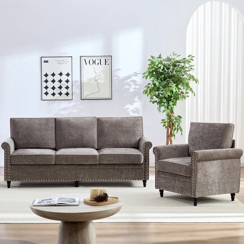 Ensemble de canapé 77 "3 + 1 chenille avec pieds gourde et ressorts ensachés 77", Gris