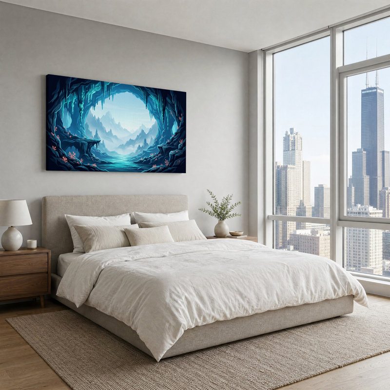 «Teal Glowing Cave Tunnel View of Misty Mountains», art mural sur toile, L 58 po x H 28 po