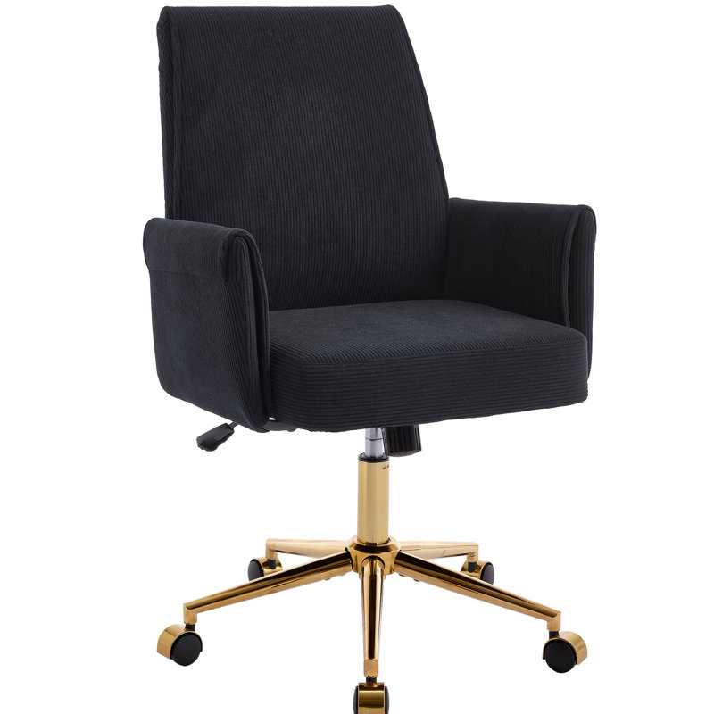 Mid-Back Liftable Office Chair In Black, Ergonomic S-Shaped Design, Striped Corduroy, Golden Base, Memory Foam Cushion, For Elbow And Shoulder Comfort, Exquisite Detail Sewing, 24.99 Depth, 23.49