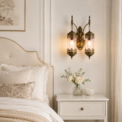 2-Light Rustic Gothic-Style Pink Glass Wall Sconces