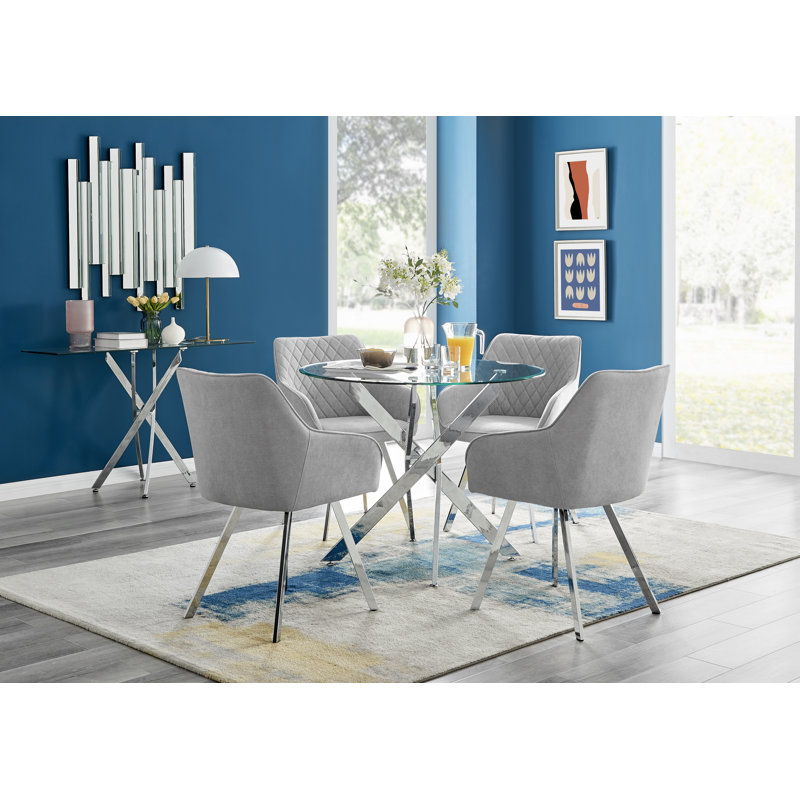 Tierra Modern Chrome Metal & Glass Round Dining Table Set with 4 Luxury Upholstered Fabric Chairs