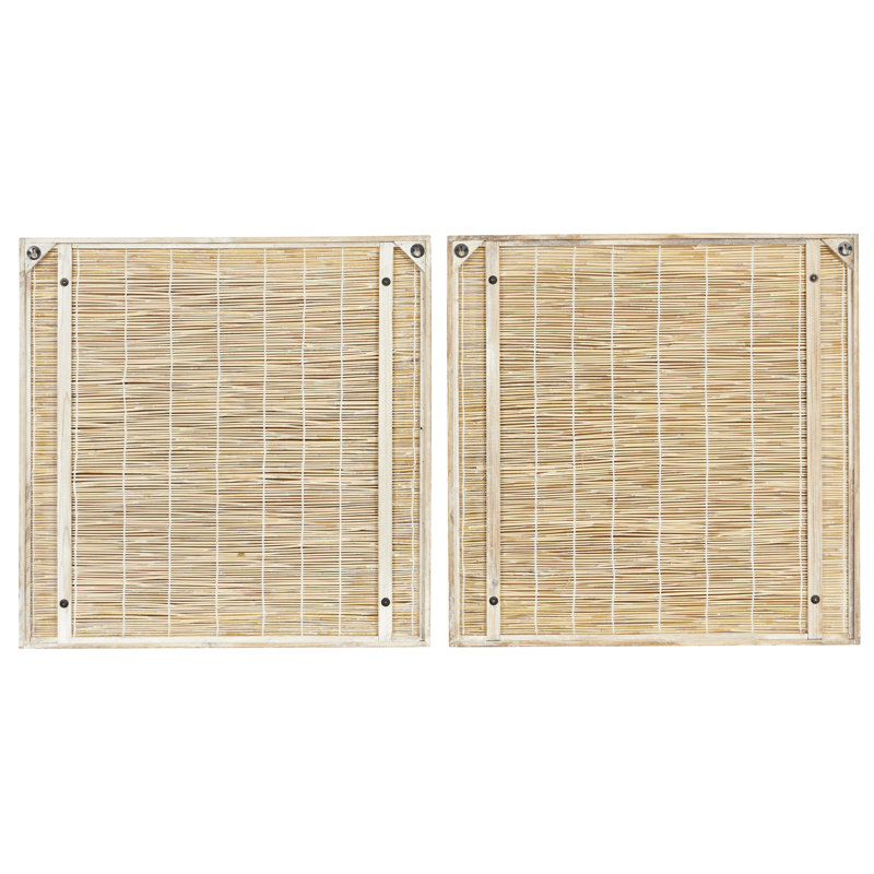 Blue and Green Abstract Leaf Wall Art with Brown Wood Frame, Set of 2