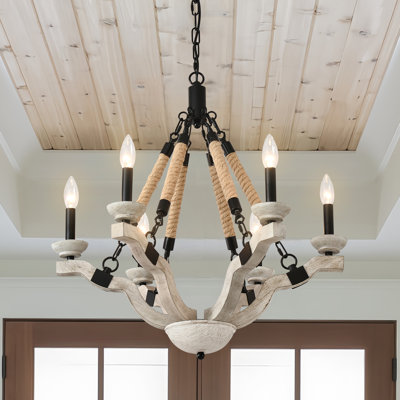 6-Light Farmhouse Wood Chandelier with Hemp Rope, Rustic Black Iron Candle Ceiling Light