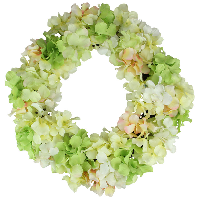 Couronne florale d'hortensia, H 4 po x l 16 po x P 4 po, Vert et rose