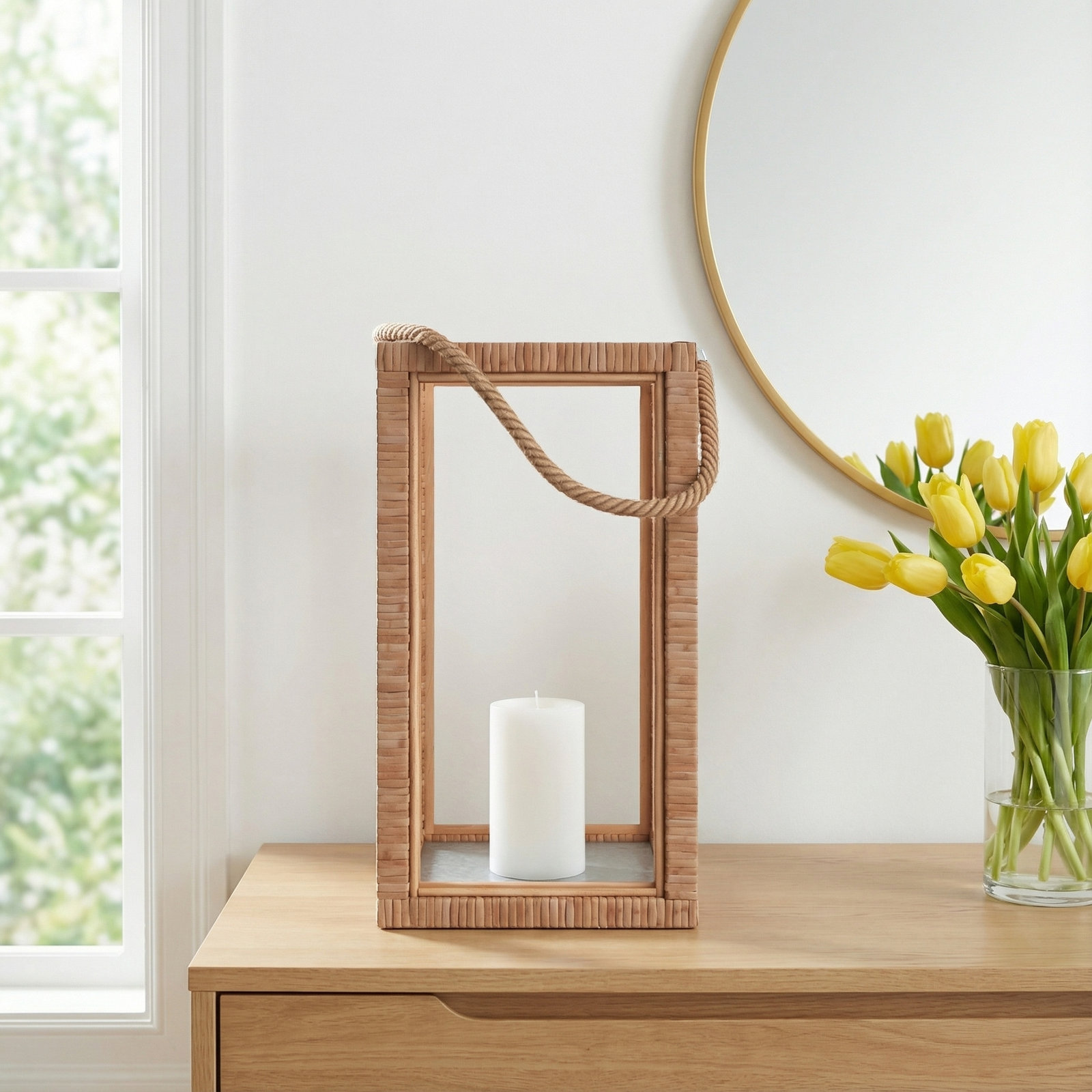 Rattan Lantern Candle Holder, 16.5" H x 9" W x 9" D