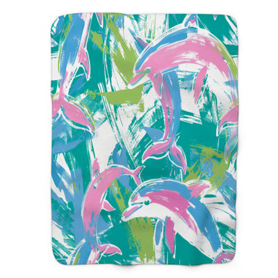 Aquarelle de dauphins colorés - couverture Sherpa de qualité supérieure 1 pièce