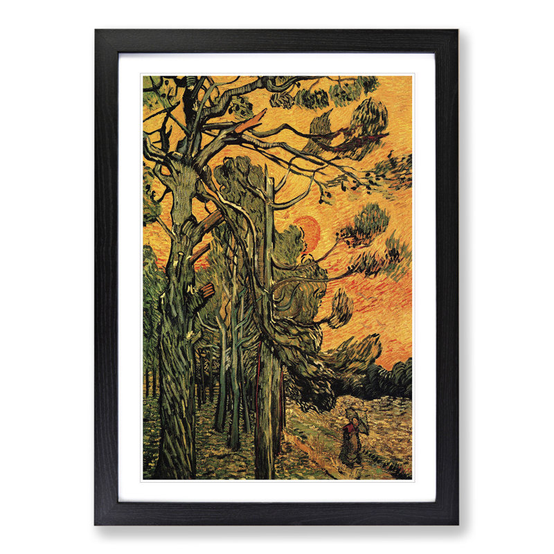 Pine Trees Against a Red Sky by Vincent Van Gogh - Picture Frame Painting, 48cm H x 36cm W x 2cm D, Black Framed