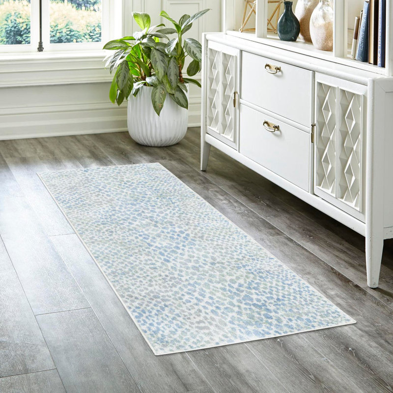 Tapis ivoire / bleu / gris en polyester tissé à la machine Azion, Tapis de couloir 2 pi x 8 pi