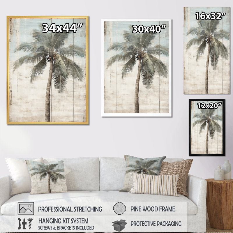 Palmier tropical dans des couleurs rétro délavées - prairie, art mural, H 40 po x l 30 po x P 1,5 po, Cadre argenté flottant