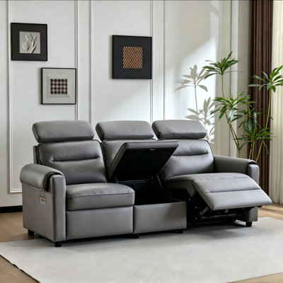 Shugar 87‘’ W 3-Seat Pillow Top Arm Gray Faux Leather Recliner Sofa With Storage