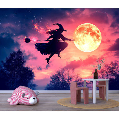 Magical Halloween Wallpaper - Witch Flying Over Full Moon Wall Mural – Magical Halloween Night Sky