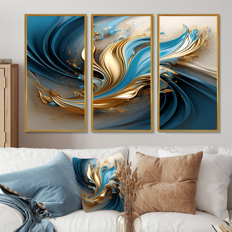 «Blossoming Tide Turquoise Bliss - Waves», ensemble de reproduction d'art mural, Cadre flottant doré