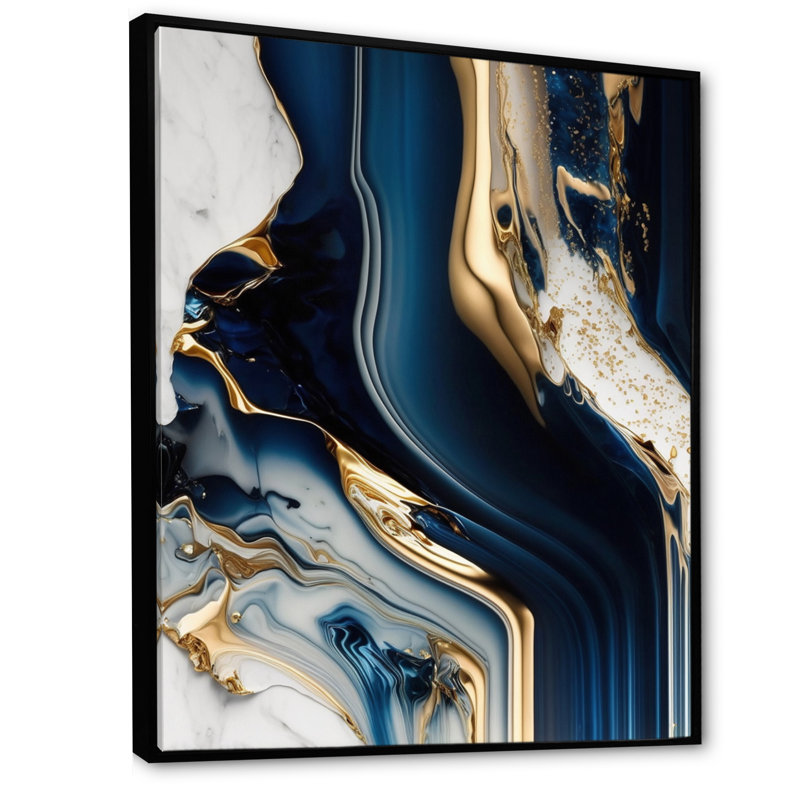 Abstract Geode Waves Blue V - Abstract Wall Art, 32" H x 24" W x 1" D, Black Floater Framed Canvas