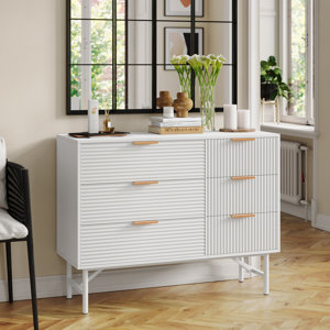 Adele 6 Drawer 42.5" W Double Dresser, White&Gold, Wave-like Design