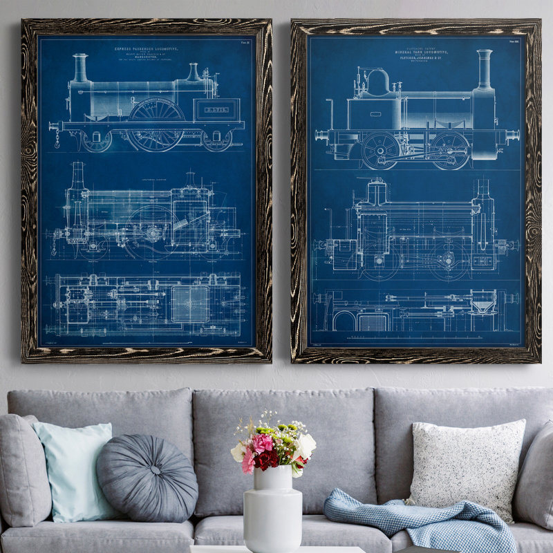 «Locomotive Blueprint I», ensemble de 2 impressions encadrées sur toile, H 37,5 po x l 55 po x P 1,5 po, Noir