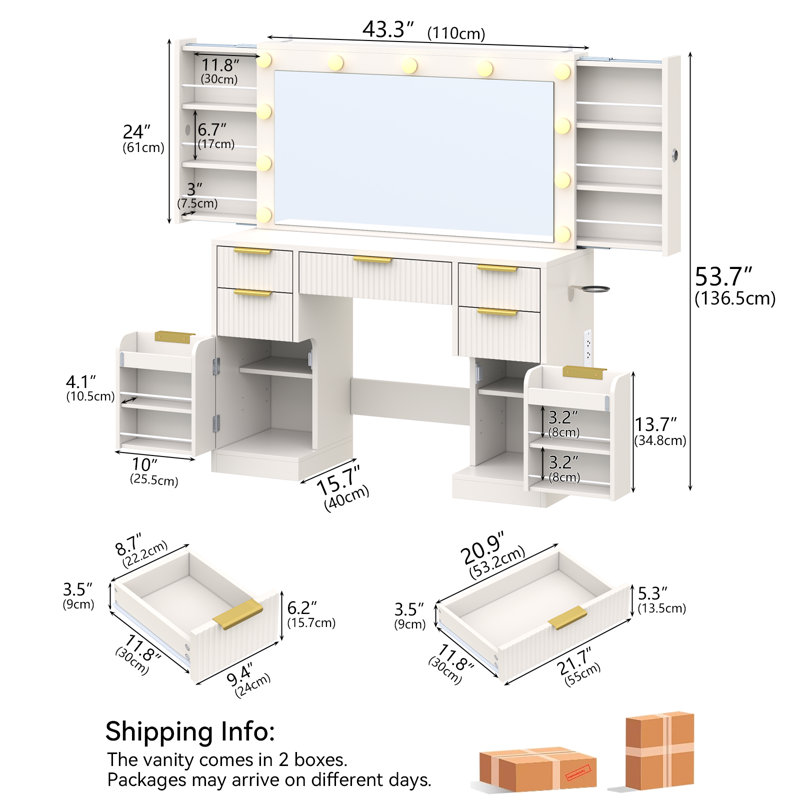36" Large Fluted Vanity Desk with LED Mirror - 11 LED Lights & Built-in Power Outlet, Solid Wood Makeup Vanity Table with 5 Drawers, 2 Cabinets & 2 Hidden Storage Shelves, Modern Dressing Table for Bedroom, White
