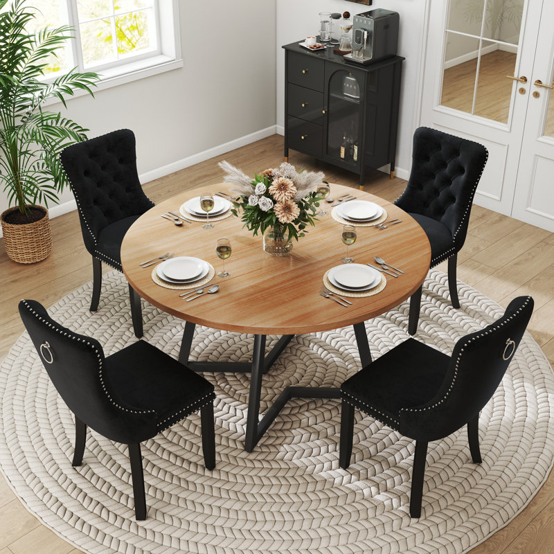 Round Wooden Dining Set with Velvet Dining Chair, Black, Brown