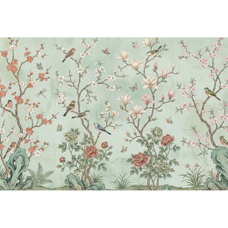 Papier peint floral oiseaux vert, Non tissé, 160 po x 108 po