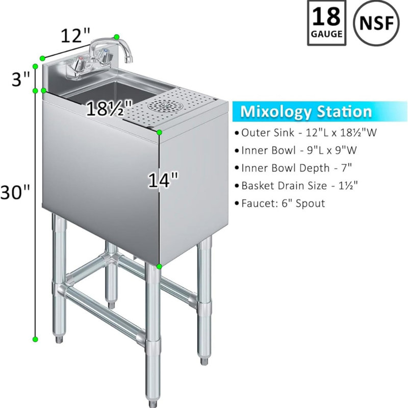 Évier de bar commercial en acier inoxydable avec rince-verres, robinet et dosseret de 7,6 cm (3 po).