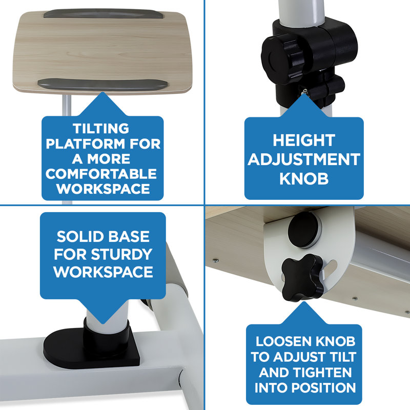White Adjustable Height Laptop Cart with Drawer and Casters