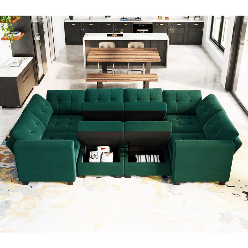 Buckleton 116.6'' Modular Upholstered Sectional Sofa Bed Tufted Cushion Velvet Storage Couch Sleeper, Dark Green Velvet