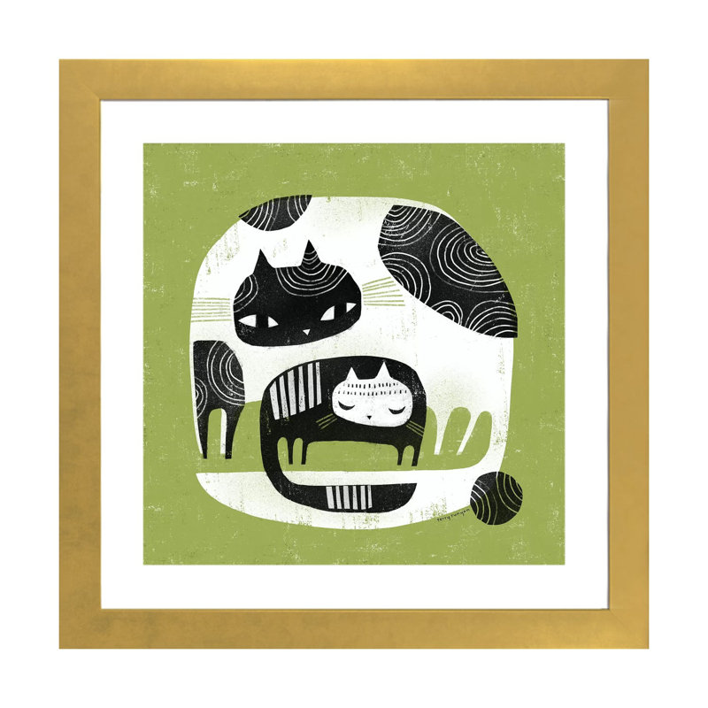 «Cuddle Cats» par Terry Runyan - impression, Blanc, H 16 po x l 16 po x p 1 po, Papier encadré doré