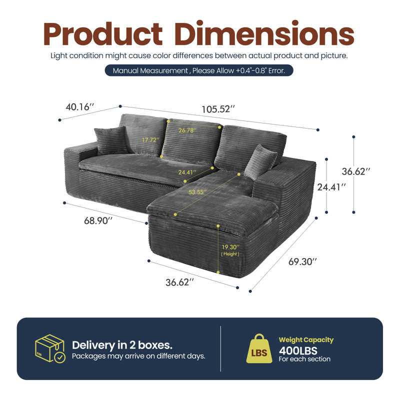 Canapé modulaire rembourré avec chaise longue en L 105,52 "Boneless, Gris Wale mélangé