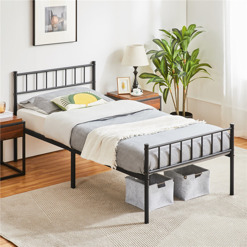 Minimalist Metal Bed Frame with Slatted Headboard, Black, Single (3')