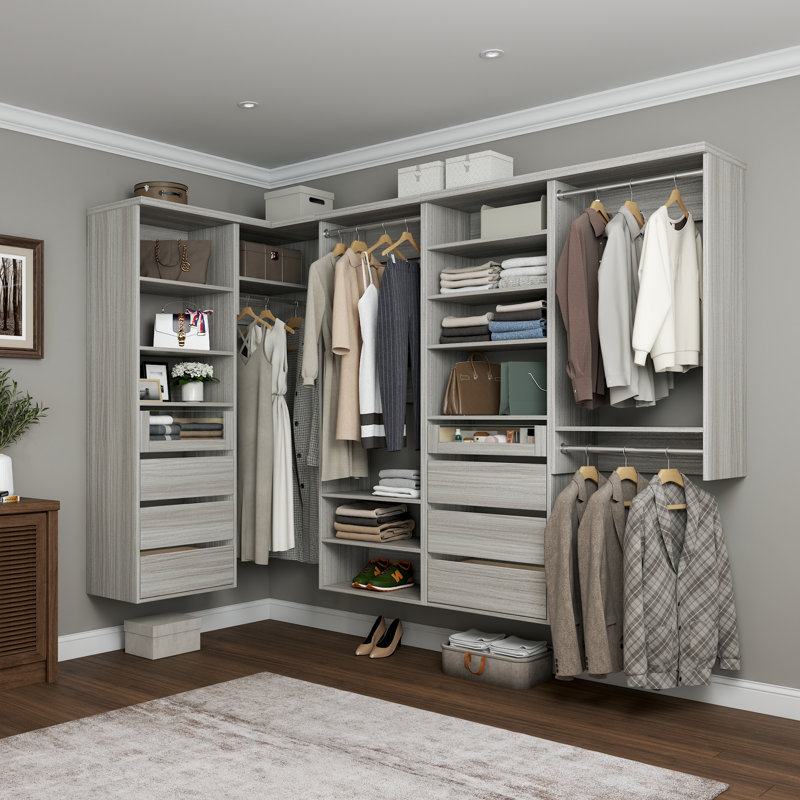 Grey Oak 191.5" Wall-Mounted L-Shape Closet System with 5 Sections, 4 Clothing Rods, 10 Shelves & 8 Reveal Drawers, Grey Oak
