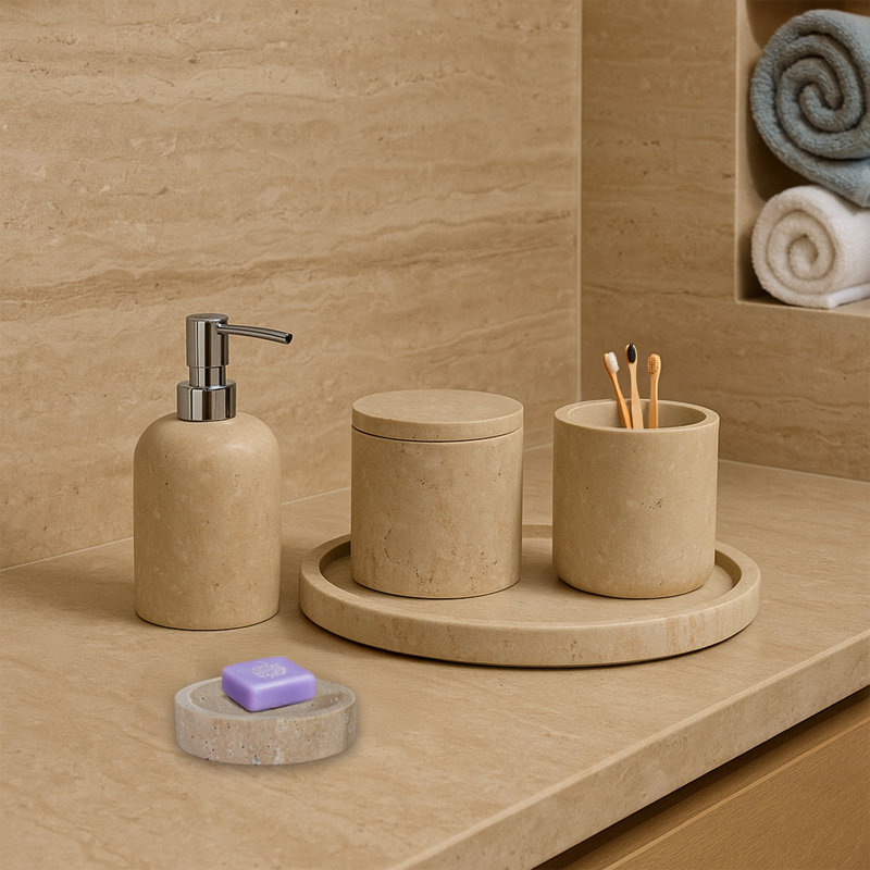 5 pièces ensemble de salle de bain 100% marbre Distributeur de savon Porte-savon Brosse à dents et plateau de coiffeuse Cotton Swab